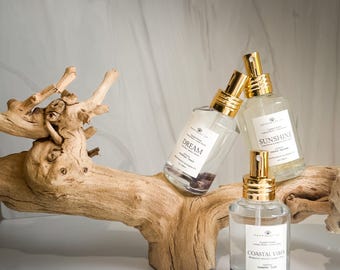 Aerosol de lujo para habitación con infusión de cristales / Sueño • Vibraciones costeras • Sol / Bruma de aromaterapia con cristales curativos