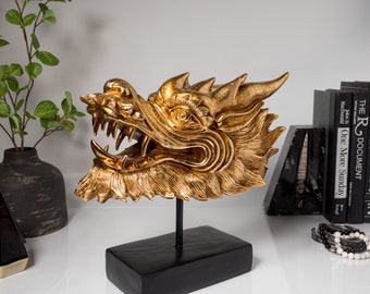 Golden Dragon Sculpture - Modern Asian Sculpture - Vintage Golden Dragon - Antique Sculpture - Home Decor - Father's Day Gift - Gift for Him