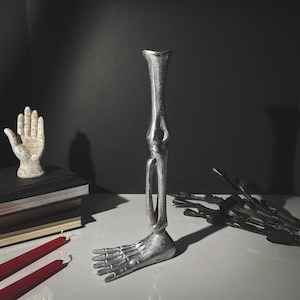Skeleton Leg Candle Holder | Brushed Metal Skeleton Leg | Halloween Candle | Silver Skeleton Leg | Halloween Decor | Skeleton Candle Holder