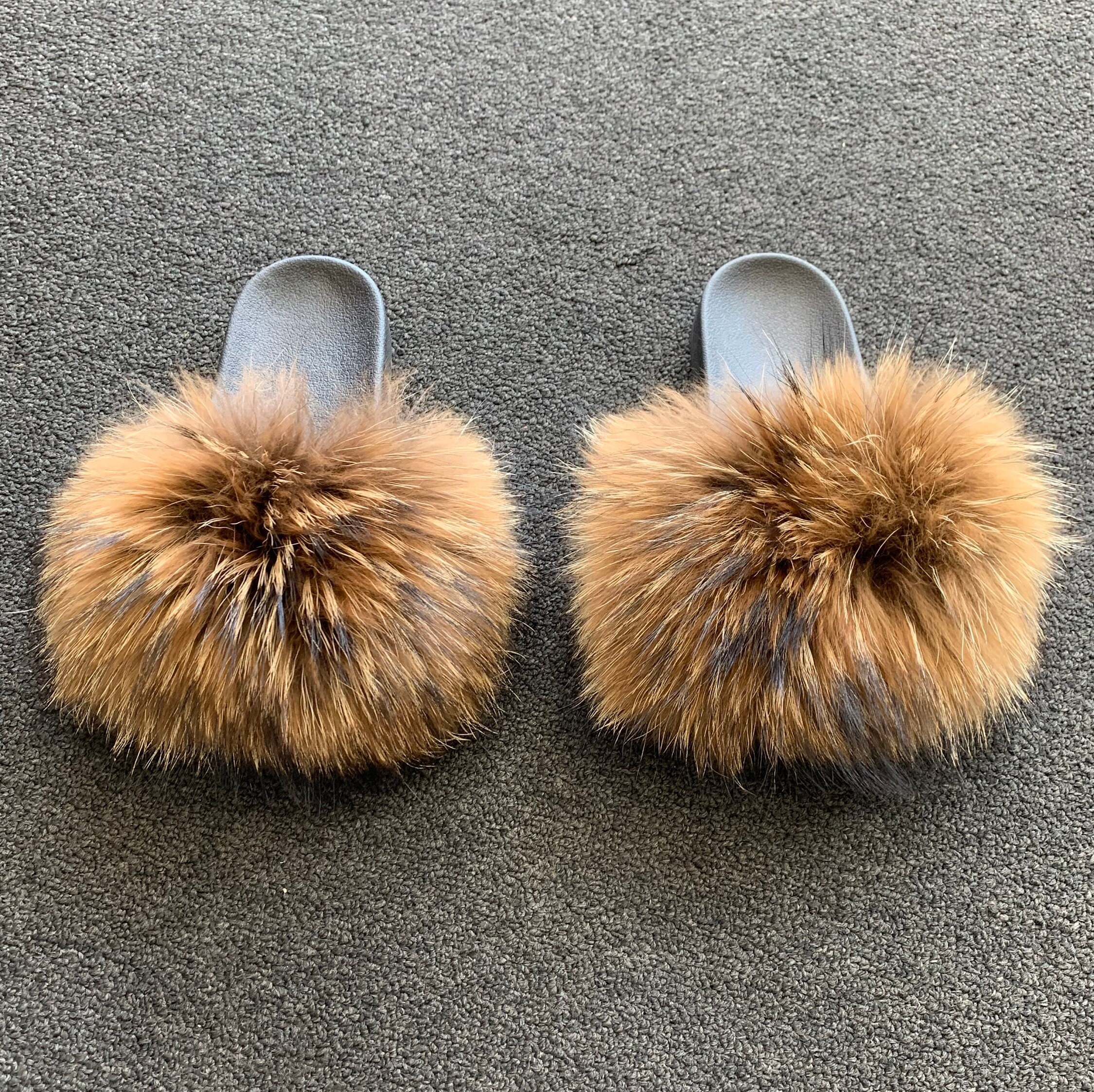 Black-Max Large XXL Real Fox Fur Slides Womens Slippers Sandals