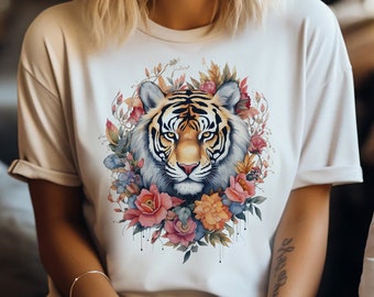Floral Tiger Shirt, Tiger shirt, Wild Animal Print, Tiger Graphic Tee, Nature Inspired T-shirt, Wildlife Fashion, Floral Tiger Pattern