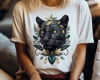 Black Panther Shirt, Panther Shirt, Floral Shirt, Botanical Superhero Shirt, majestic shirt, black and gold shirt, jungle shirt