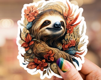 Sloth Sticker, flower sticker, cute sloth sticker, floral sloth sticker, laptop sticker, phone sticker, water bottle sticker, sloth
