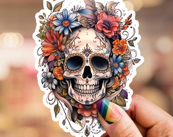 Floral Skull sticker, skull sticker, floral sticker, laptop sticker, phone sticker, water bottle sticker, dia de los muertos sticker
