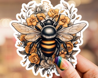 May include: A bee with black and yellow stripes is surrounded by yellow flowers. The bee has a detailed illustration of its wings and body. The flowers are drawn in a realistic style.