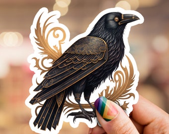 Pegatina de cuervo, pegatina negra y dorada, pegatina de pájaro, pegatina de cuervo de oro negro, pegatina de naturaleza, pegatina de vida silvestre, pegatina de computadora portátil, pegatina de teléfono