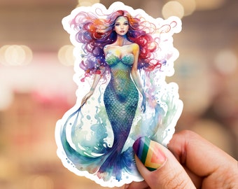Pegatina de sirena, arte de sirena, amante de las sirenas, pegatina de computadora portátil, pegatina de teléfono, pegatina de computadora portátil, sirena de acuarela, pegatina de fantasía, bajo el agua