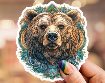 Pegatina de oso grizzly, pegatina de oso, pegatina grizzly, pegatina de ordenador portátil, pegatina de teléfono, pegatina de botella de agua, pegatina de animales, arte de oso, bosque