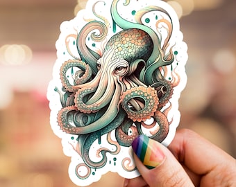 Pegatina de pulpo, pulpo, pegatina, pegatina de criatura marina, pegatina de pescado, pegatina de teléfono, pegatina de computadora portátil, pegatina del océano, vida salvaje, calamares
