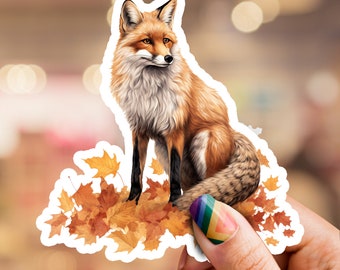 Pegatina de zorro, amante de los zorros, pegatina de hojas de otoño, pegatina de animales, pegatina de naturaleza, pegatina de botella de agua, pegatina de teléfono, pegatina de computadora portátil, arte de otoño