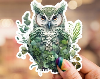Owl Sticker, Green Owl Leaves sticker, Plants sticker, Laptop Sticker, Phone Sticker, Hydro Flask Sticker, nature sticker, wildlife sticker