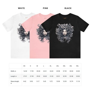 May include: Three t-shirts in white, pink, and black, each featuring a detailed illustration of a woman with stylized, swirling hair. The shirts are displayed with a size chart showing measurements in inches for width, length, and sleeve length.