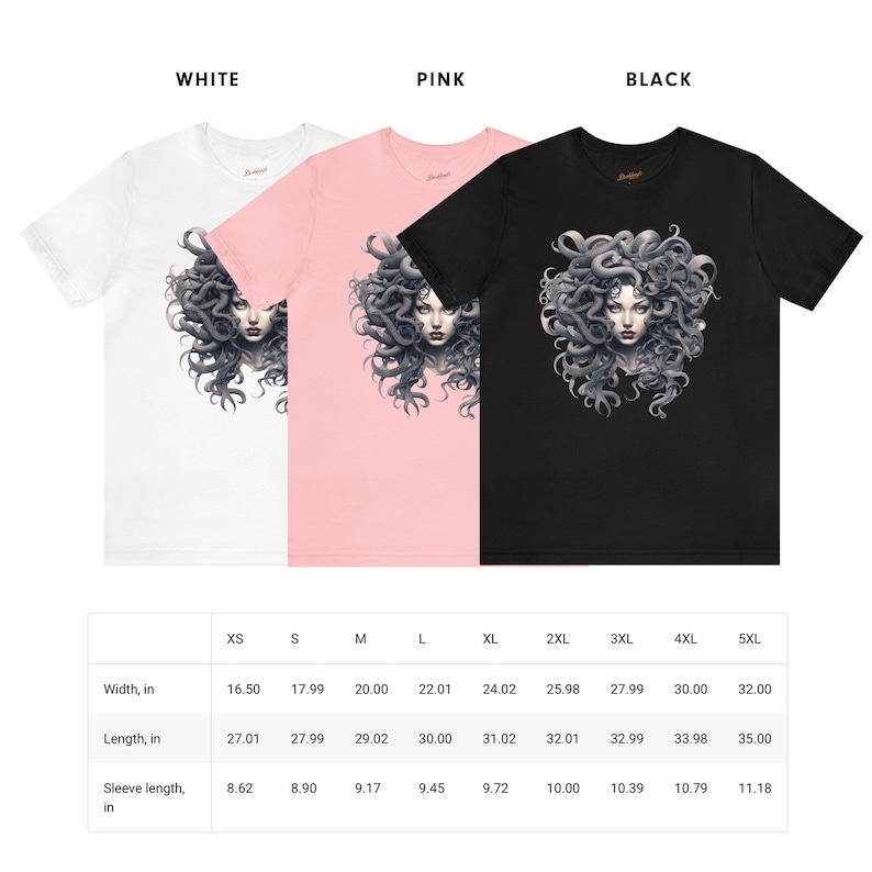 May include: Three t-shirts in white, pink, and black, each featuring a detailed illustration of a woman with stylized, swirling hair. The shirts are displayed with a size chart showing measurements in inches for width, length, and sleeve length.