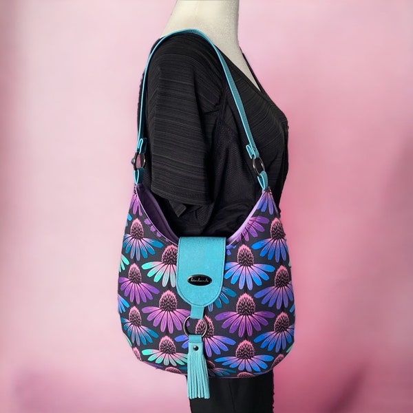 Hobo bag, Echinacea Glow Amethyst Fabric by Anna Maria Horner, medium Size bag, Handmade, natural cork