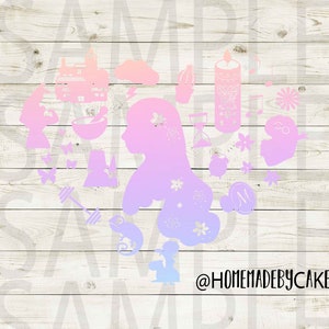 May include: A pink and blue gradient heart-shaped design with various silhouettes of objects, including a cactus, a candle, a butterfly, a flower, a house, a chameleon, a barbell, a bowl, a clock, a hourglass, a cloud, a musical note, a bird, and a woman's silhouette. The text "@HOMEMADEBYCAKE" is at the bottom of the design.