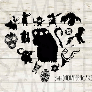 May include: Black and white silhouette design featuring characters and symbols from the animated movie Moana. The design includes Moana, Maui, Pua the pig, Hei Hei the rooster, Te Fiti, Tamatoa the crab, and the heart of Te Fiti. The design also includes the text "@HOMEMADEBYCAKE".