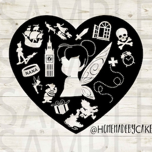 Peter Pan | Tinkerbell Clipart Silhouette | Cutout Heart Design Artwork | Instant Digital Download | Jpg Png Pdf Svg files