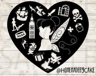 Peter Pan | Tinkerbell Clipart Silhouette | Cutout Heart Design Artwork | Instant Digital Download | Jpg Png Pdf Svg files