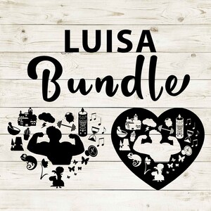 May include: Black and white graphic design with the text "LUISA Bundle" at the top. The design features two hearts with a silhouette of a person flexing their muscles inside each heart. The hearts are filled with various small icons, including a castle, a cloud, a dumbbell, a candle, a musical note, an hourglass, a chameleon, and butterflies.