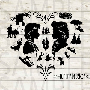 Frozen | Anna & Elsa Clipart Silhouette | Heart Design Artwork | Instant Digital Download | Jpg Png Pdf Svg files