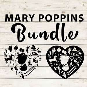 Mary Poppins Clipart Silhouette Bundle | Heart Design Artwork | Instant Digital Download | Jpg Png Pdf Svg files