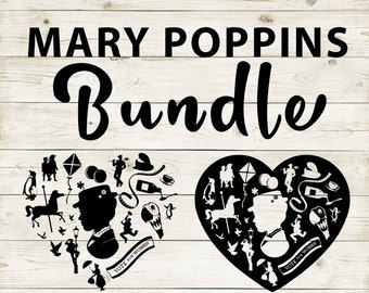 Mary Poppins Clipart Silhouette Bundle | Heart Design Artwork | Instant Digital Download | Jpg Png Pdf Svg files