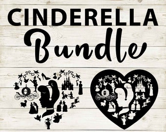 Cinderella Clipart Silhouette Bundle | Heart and Cutout Design Artwork | Instant Digital Download | Jpg Png Pdf Svg files