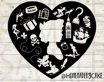 Peter Pan | Wendy Clipart Silhouette | Cutout Heart Design Artwork | Instant Digital Download | Jpg Png Pdf Svg files