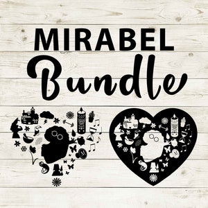 Peut inclure: Une conception numérique avec le texte "MIRABEL Bundle" en noir. Deux motifs en forme de cœur sont remplis de silhouettes noires, dont une personne, des bâtiments et des notes de musique, sur un fond de grain de bois blanc.