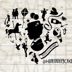 Mary Poppins Clipart-silhouet | Hartontwerpkunstwerk | Directe digitale download | Jpg Png Pdf Svg-bestanden