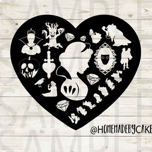 May include: Black and white silhouette design of Snow White and characters from the fairy tale Snow White and the Seven Dwarfs. The design is in the shape of a heart and includes the Evil Queen, the poisoned apple, the magic mirror, and the dwarfs. The text "@HOMEMADEBYCAKE" is at the bottom of the design.