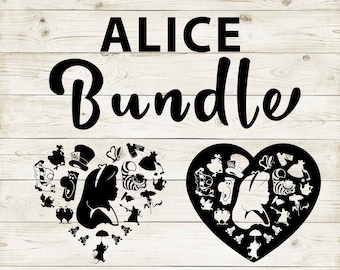 Alice au pays des merveilles | Lot de Silhouette Clipart Alice | Oeuvre de conception de coeur et de découpe | Téléchargement numérique instantané | Fichiers Jpg Png Pdf Svg