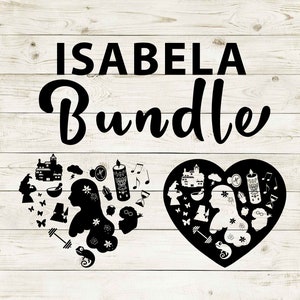 May include: Black and white digital design featuring the name "ISABELA Bundle" in a large, bold font. The design includes two hearts filled with various black and white icons, including a house, a candle, a musical note, a butterfly, and a chameleon.
