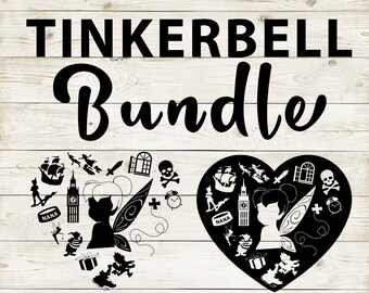 Peter Pan | Tinkerbell Clipart Silhouette Bundle | Heart and Cutout Design Artwork | Instant Digital Download | Jpg Png Pdf Svg files