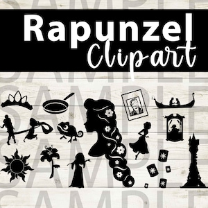 May include: Black and white silhouette clip art featuring Rapunzel, Flynn Rider, Pascal the chameleon, and other characters from the Disney movie Tangled. The clip art is perfect for crafting, scrapbooking, and other creative projects.