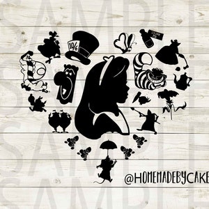 Alice nel Paese delle Meraviglie / Alice Clipart Silhouette / Opera d'arte di design del cuore / Download digitale istantaneo / File Jpg Png Pdf Svg