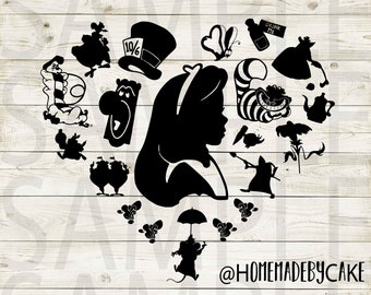 Alice in Wonderland | Alice Clipart Silhouette | Heart Design Artwork | Instant Digital Download | Jpg Png Pdf Svg files