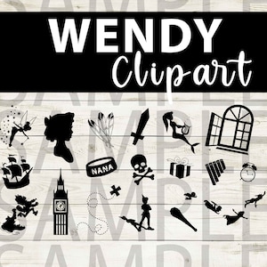 Può includere: Immagini di clipart in bianco e nero di personaggi e oggetti della storia di Peter Pan. Le immagini includono Peter Pan, Wendy, Capitan Uncino, Trilly, una nave pirata, un orologio, una finestra, una piuma, un teschio e ossa incrociate, una scatola regalo, un collare per cani con la parola "NANA" su di esso, e altro ancora.