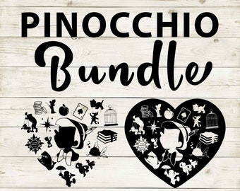 Pinocchio Clipart Silhouette Bundle | Heart and Cutout Design Artwork | Instant Digital Download | Jpg Png Pdf Svg files