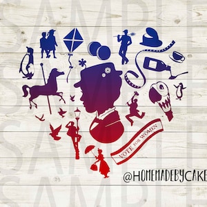 Mary Poppins Clipart silhouet | Veelkleurig hartontwerpkunstwerk | Direct digitaal downloaden | Jpg Png Pdf-bestanden