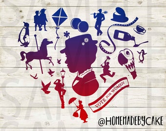 Mary Poppins Clipart Silhouette | Multicolor Heart Design Artwork | Instant Digital Download | Jpg Png Pdf files
