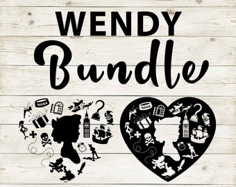 Peter Pan | Wendy Clipart Silhouette Bundle | Heart and Cutout Design Artwork | Instant Digital Download | Jpg Png Pdf Svg files
