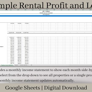May include: A spreadsheet showing a simple rental profit and loss statement. The spreadsheet includes a monthly income statement to show each month side-by-side. You can select from the drop down to see all properties or a single property and the monthly income statement updates automatically. The spreadsheet is titled "Simple Rental Profit and Loss" and "ABC Company Monthly Income Statement".