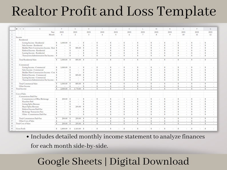 Simple Realtor Automated Profit and Loss Spreadsheet Easy to Use