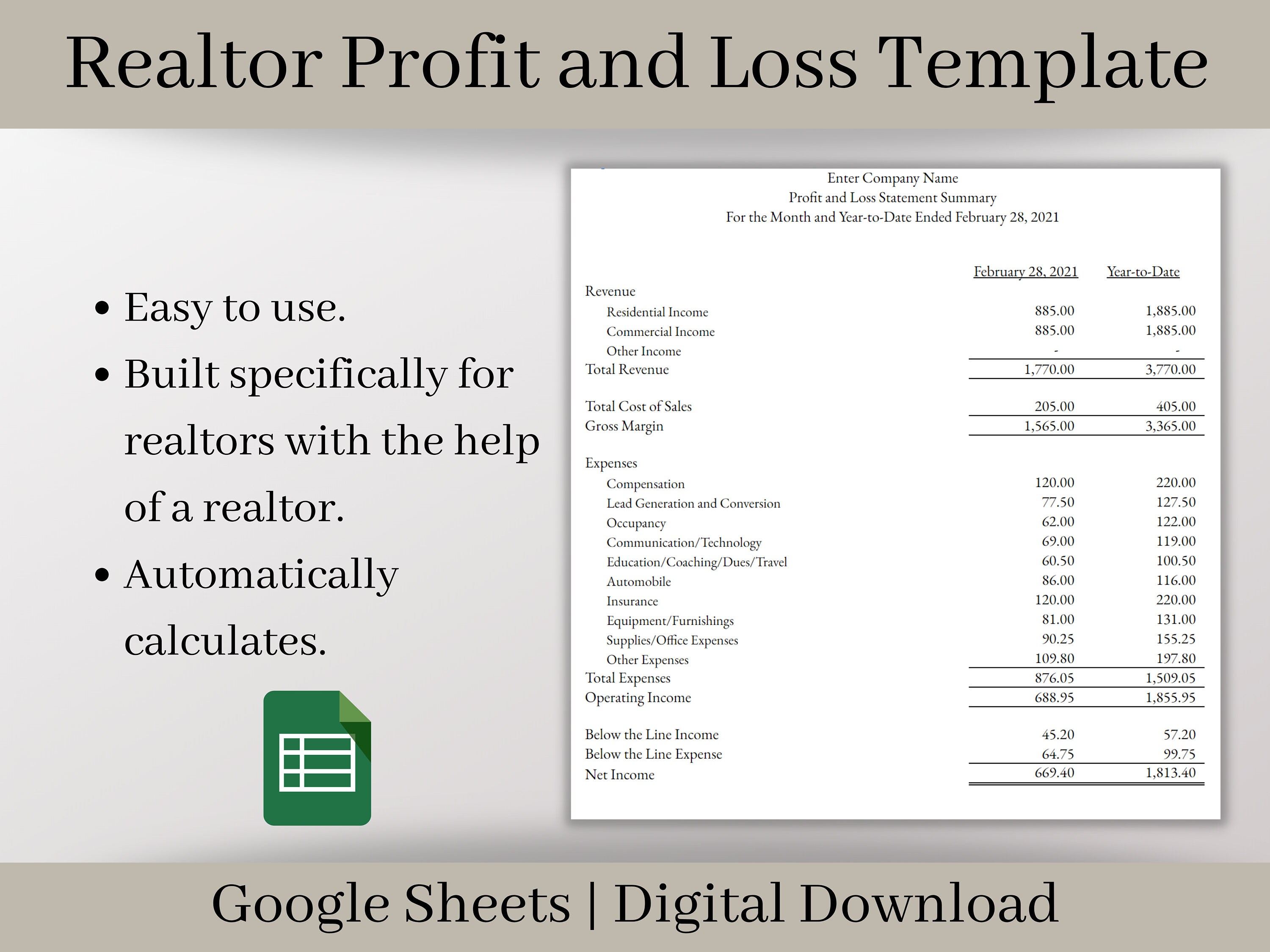 Simple Realtor Automated Profit and Loss Spreadsheet Easy to Etsy