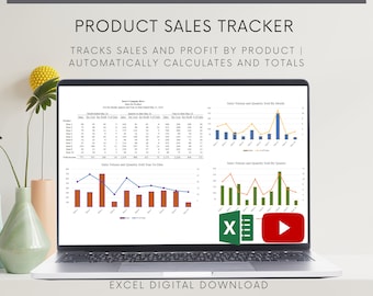 May include: A laptop computer displaying a spreadsheet with a product sales tracker. The spreadsheet includes graphs and charts showing sales volume and quantity sold by month, quarter, and year-to-date. The spreadsheet is titled "Product Sales Tracker" and includes the text "Tracks sales and profit by product | Automatically calculates and totals". The laptop is on a white surface with a green plant and two vases.