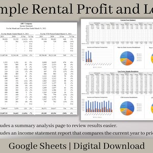 May include: A spreadsheet template for tracking rental property income and expenses. The spreadsheet includes a summary analysis page, an income statement report, and charts to visualize data. The spreadsheet is titled "Simple Rental Profit and Loss".