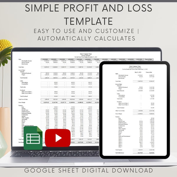 Automated Profit and Loss Statement, Google Sheets Template,  Easy Bookkeeping Spreadsheet for Your Small Business, Customizable Fiscal Year