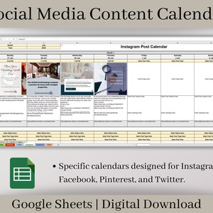 May include: A screenshot of a Google Sheets spreadsheet with a social media content calendar template. The spreadsheet is titled "Social Media Content Calendar" and includes a section for "Instagram Post Calendar". The template includes columns for each day of the week and rows for each post. The template also includes a section for "Post 1" with a sample image of a wedding invitation.