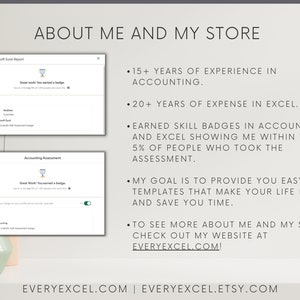 May include: A screenshot of a website with the text "ABOUT ME AND MY STORE" and a list of bullet points describing the owner's experience in accounting and Excel. The website address is EVERYEXCEL.COM.